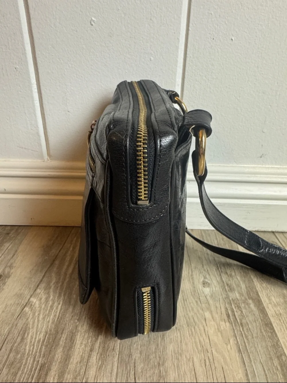 TUSK Black Leather Crossbody Bag Vintage Messenger Gold Hardware